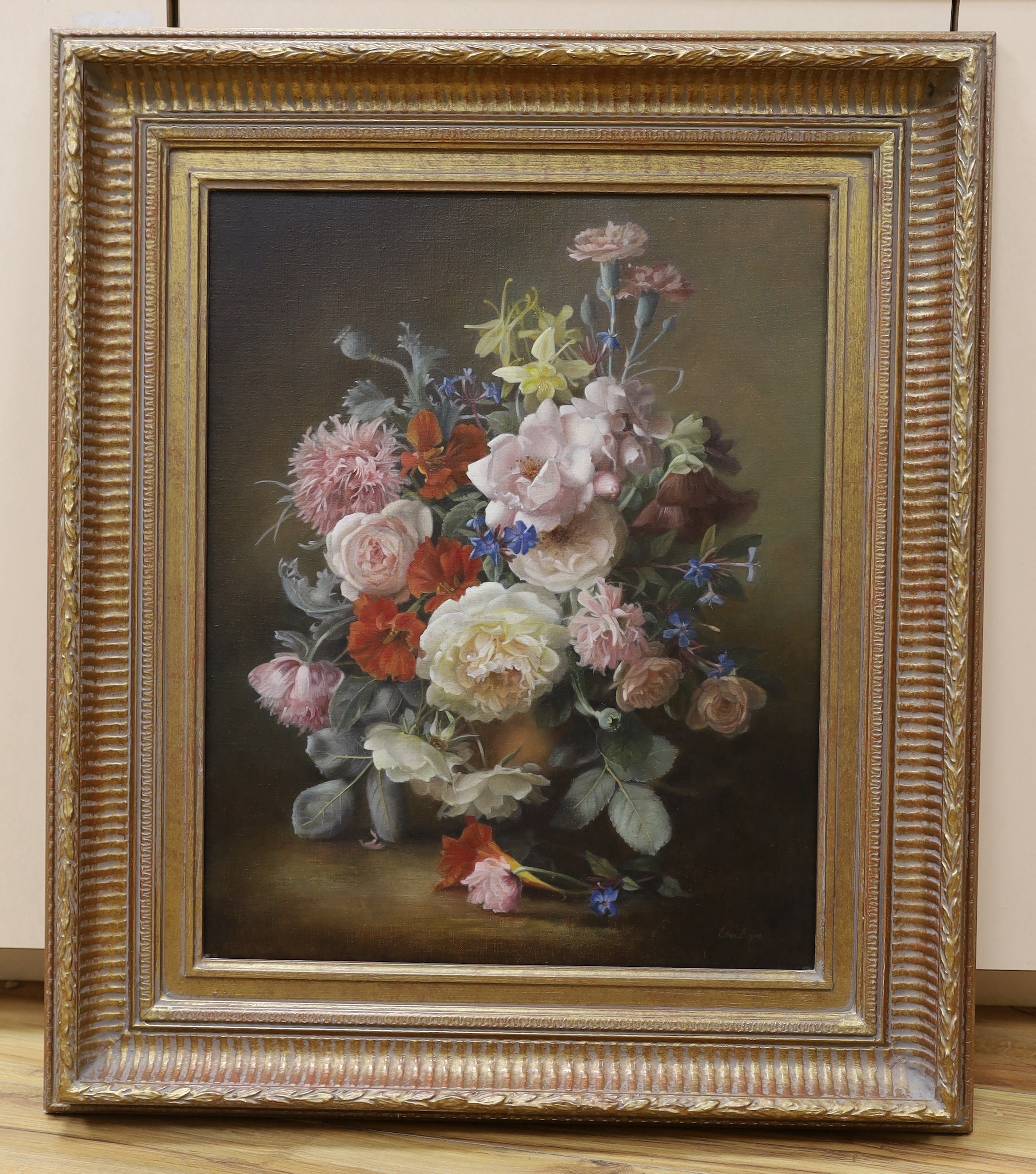 Edna Bizon (1929-2016), oil on canvas, ‘August Flowers’, signed, label verso, 49cm x 39cm